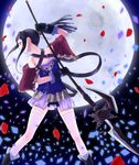  atelier_(series) atelier_meruru bad_id bad_pixiv_id black_hair boots gloves hair_ornament highres mikanmelon mimi_houllier_von_schwarzlang moon petals polearm ponytail purple_eyes solo thighhighs weapon zettai_ryouiki 