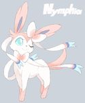  blue_eyes full_body gen_6_pokemon head_tilt looking_at_viewer name_tag no_humans one_eye_closed pokemon pokemon_(creature) ribbon simple_background smile souji standing sylveon 