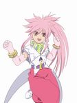  arche_klein artist_request belt bracelet duplicate earrings elbow_gloves gloves jewelry long_hair official_art pants pink_eyes pink_hair pink_pants ponytail single_earring smile solo tales_of_(series) tales_of_phantasia white_background wide_ponytail 