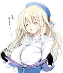  atago_(kantai_collection) black_gloves blonde_hair blue_hat blush breasts bursting_breasts closed_eyes dress_shirt gloves hat kantai_collection kurimomo large_breasts long_hair military military_uniform open_mouth shirt simple_background solo translated undressing uniform white_background 