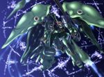  city_lights depth_of_field glowing glowing_eye gundam highres kshatriya kuronyan light mecha no_humans outdoors red_eyes shoulder_pads 