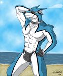  abs anthro arm_behind_head beach biceps big_muscles blue_body blue_fur body_markings bracelet bulge canine collar dog doggy_kruger eyewear flexing fur gloves goggles grin jewelry male mammal markings muscles pecs pose power_rangers_spd sand sea seaside smile solo speedo standing swimsuit thegreatmatsutzu topless water white_fur 