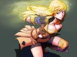  1girl belt black_gloves black_shorts blonde_hair boots breasts brown_belt brown_boots brown_top cleavage clenched_hand female fingerless_gloves gauntlets gloves highres kneeling large_breasts long_hair looking_at_viewer neckerchief orange_neckerchief pixiv_manga_sample purple_eyes resized rwby shorts single_thighhigh smile solo thighhighs waist_cape weapon yang_xiao_long yellow_gauntlets 