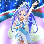  armpits asymmetrical_clothes bad_id bad_pixiv_id blue_bow blue_eyes blue_hair blue_skirt boots bow bracelet choker cure_diamond curly_hair dokidoki!_precure hair_ornament half_updo heart highres hishikawa_rikka jewelry long_hair looking_at_viewer mont_blanc_(heartcatch_ayaya) open_mouth ponytail precure ribbon skirt solo 