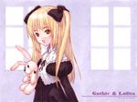  blonde_hair bow bunny copyright_request frills gothic_lolita kiran lolita_fashion long_hair solo stuffed_animal stuffed_bunny stuffed_toy twintails yellow_eyes 