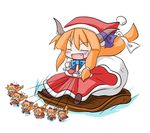  chibi christmas clone fang horns ibuki_suika long_hair minigirl multiple_girls santa_costume simple_background sled toboggan touhou yanagi_(nurikoboshi) 