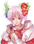  armor cape copyright_request flower hair_ornament kiran pink_hair ponytail purple_eyes side_ponytail simple_background solo tears 