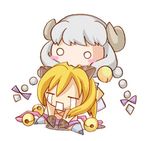  :3 animal_ears artist_request bell biting blonde_hair bow braid cat_(trickster) cat_ears chibi glomp gloves head_biting horns hug lowres multiple_girls o_o ribbon sheep_(trickster) tears trickster twin_braids white_hair 