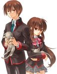  1girl animal bad_id bad_pixiv_id bow brown_hair cat little_busters! long_hair natsume_kyousuke natsume_rin ne-on necktie pink_bow plaid plaid_skirt ponytail red_eyes school_uniform skirt 