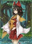  akishima_kei ascot bare_shoulders bow brown_eyes brown_hair detached_sleeves forest full_body hair_bow hakurei_reimu looking_at_viewer looking_back nature neckerchief plant pleated_skirt pond red_bow red_skirt short_hair skirt solo standing swamp touhou tree vest wading water 