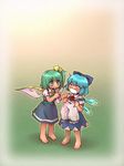  barefoot bloomers blue_hair bow cirno commentary_request daiyousei green_hair holding holding_bloomers multiple_girls panties sankuma short_hair tears touhou underwear wings 