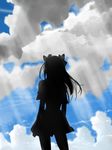  cloud copyright_request day hair_ribbon light_rays nagareboshi ribbon silhouette skirt sky solo sunbeam sunlight 