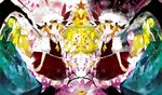  ascot blonde_hair cravat crystal flandre_scarlet flower frills full_body hat hat_ribbon leaf looking_at_viewer mob_cap puffy_short_sleeves puffy_sleeves red_eyes ribbon short_hair short_sleeves side_ponytail solo standing star symmetry touhou tsuki_yuuhi 