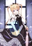  alteil blonde_hair blue_eyes bow dress frills gauntlets gothic_lolita hair_bow hair_ribbon kiran lolita_fashion ribbon shield solo twintails umbrella victorian 