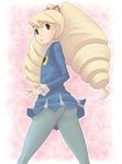  bad_id bad_pixiv_id big_hair blonde_hair blue_legwear drill_hair long_hair looking_back pantyhose rockman ryuusei_no_rockman shirogane_luna solo sujiko yellow_eyes 