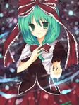  :d bad_id bad_pixiv_id blush bow bowtie dress front_ponytail green_eyes green_hair hand_on_own_chest hane_riu kagiyama_hina looking_at_viewer open_mouth puffy_short_sleeves puffy_sleeves red_bow red_dress red_neckwear short_sleeves smile solo tareme touhou 