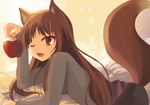  animal_ears apple bad_id bad_pixiv_id brown_hair chocho_(homelessfox) food fruit holding holding_food holding_fruit holo long_hair lying one_eye_closed solo spice_and_wolf tail wolf_ears 