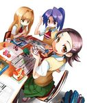  adachi_yousuke book desk dice dutch_angle hair_ornament hairclip karasuyama_sachi looking_up milk mizuho_momoko multiple_girls pen playing_games quick_start school_uniform sitting sweater_vest tabletop_rpg vest washima_fumi 