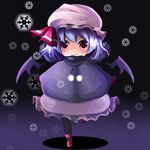  bad_id bad_pixiv_id bat_wings blue_hair blush hat lowres night red_eyes remilia_scarlet ribbon running scarf short_hair snow snowflakes solo touhou wings winter winter_clothes yukibina 