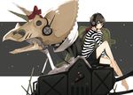  barefoot black_hair densou_(kinnikuhunter) green_eyes headphones original shirt shorts snow solo striped striped_shirt 