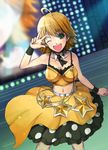  ahoge awakened_miki blonde_hair green_eyes hoshii_miki idolmaster idolmaster_(classic) idolmaster_live_for_you! live_for_venus midriff navel one_eye_closed pos short_hair solo v 