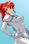  bodysuit eyebrows_visible_through_hair gloves green_eyes gundam hand_on_hip high_ponytail kate_bush long_hair looking_at_viewer michael parted_lips ponytail red_hair simple_background solo victory_gundam white_gloves 