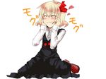  :t bad_id bad_pixiv_id blonde_hair blush closed_eyes eating foodgasm hair_ribbon hands_on_own_face happy highres jpeg_artifacts ribbon rumia shamo_(koumakantv) short_hair simple_background sitting solo touhou wariza wavy_mouth 