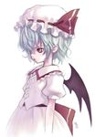  bat_wings blue_hair frills hair_over_one_eye hat kiran profile red_eyes remilia_scarlet short_hair simple_background slit_pupils solo touhou wavy_hair wings 