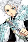  artist_request bleach green_eyes haori hitsugaya_toushirou ice japanese_clothes male_focus solo sword taichou_haori weapon white_hair 