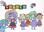  aki_minoriko aki_shizuha blonde_hair blue_hair brown_hair green_hair hat inubashiri_momiji kawashiro_nitori kochiya_sanae mojipittan moriya_suwako multiple_girls parody purple_hair sankuma shameimaru_aya short_hair touhou two_side_up yasaka_kanako 