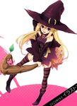  akamaru blonde_hair broom broom_riding copyright_request hat long_hair purple_eyes solo striped striped_legwear thighhighs witch witch_hat 
