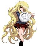  blonde_hair imai_kami kuchinashi_(needless) long_hair needless official_art plaid plaid_skirt school_uniform simple_background skirt solo turbine yellow_eyes 