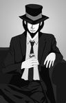  bad_id bad_pixiv_id beard black_hair facial_hair fanta fedora formal greyscale hat jigen_daisuke lupin_iii male_focus monochrome naf necktie sitting soft_drink solo suit 