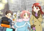  3boys ahoge coat gloves gotou_yuuko gottouza holding_hands kogami_akira lucky_star mittens multiple_boys multiple_girls one_eye_closed ono_daisuke pink_hair red_eyes red_hair scarf shiraishi_minoru ubizo yellow_eyes 