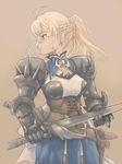  antenna_hair armor artist_request belt blonde_hair blue_eyes braid copyright_request corset earrings gauntlets glasses jewelry jpeg_artifacts long_hair medieval pauldrons ponytail ribbon sheath solo sword weapon 