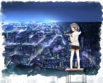  art_brush bad_id bad_pixiv_id city cityscape grey_hair highres original paint paintbrush painting palette ryouma_(galley) scenery skirt solo standing twintails 