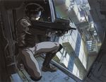  90s artist_request assault_rifle body_armor boots building bullpup city cyberpunk fingerless_gloves ghost_in_the_shell gloves gun head_mounted_display highres kusanagi_motoko official_art official_style rifle science_fiction solo submachine_gun vest visor weapon 