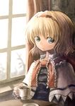  alice_margatroid blonde_hair blue_eyes cup hairband highres hyuuga_azuri sitting solo table teacup touhou window 