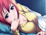  bed blue_eyes blush breasts cleavage couple curtains game_cg happy ichikawa_noa inraku_no_ketsuzoku kiryuu_yuzuha large_breasts looking_at_viewer lying pajamas pillow purple_eyes red_hair smile solo 