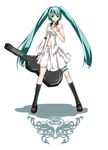  blue_eyes blue_hair detached_sleeves guitar_case hatsune_miku highres instrument_case long_hair navel skirt socks solo sunway twintails vocaloid 