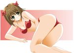  all_fours amami_haruka ass bikini brown_hair green_eyes highres idolmaster idolmaster_(classic) idolmaster_1 looking_back lying oda_ken'ichi on_side red_bikini short_hair solo swimsuit 