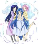  angel angel_wings blue_eyes blue_hair closed_eyes green_eyes hiiragi_miki izumi_kanata long_hair lucky_star multiple_girls pantyhose pink_hair purple_hair short_hair takara_yukari tsukiyo_(skymint) wings 