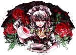  blood flower hairband izayoi_sakuya maid red_eyes ribbon rose short_hair silver_hair solo tea toriko_(hatoriko) touhou 