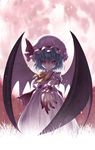  blood blue_hair demon_wings frills hat kiran moon night purple_eyes remilia_scarlet solo touhou wings 