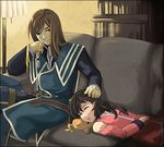  1girl anise_tatlin artist_request black_hair brown_hair hand_on_another's_head jade_curtiss long_hair lowres red_eyes sleeping smile tales_of_(series) tales_of_the_abyss 