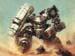  caterpillar_tracks copyright_request desert dust dust_cloud glowing ground_vehicle higashi mecha military military_vehicle motor_vehicle no_humans sand tank 