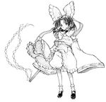  ascot bangs blackheart bloomers bobby_socks bow buttons detached_sleeves frilled_bow frilled_skirt frills full_body gohei greyscale hair_bow hakurei_reimu looking_at_viewer mary_janes monochrome parted_bangs ribbon-trimmed_sleeves ribbon_trim shoes short_hair skirt socks solo touhou underwear wide_sleeves 