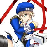  beret blazblue blonde_hair bolverk gloves green_eyes gun handgun hat highres kotuzui_yositune necktie noel_vermillion solo thighhighs weapon zettai_ryouiki 