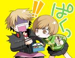  1girl blush_stickers chopsticks eating food hanamura_yousuke headphones headphones_around_neck obentou persona persona_4 sandwich satonaka_chie satsuki_yuu_(awairo) surprised 