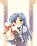  blue_hair blush brown_eyes idolmaster idolmaster_(classic) idolmaster_1 kisaragi_chihaya komi_zumiko ribbon snow solo stuffed_animal stuffed_dog stuffed_toy teddy_bear 